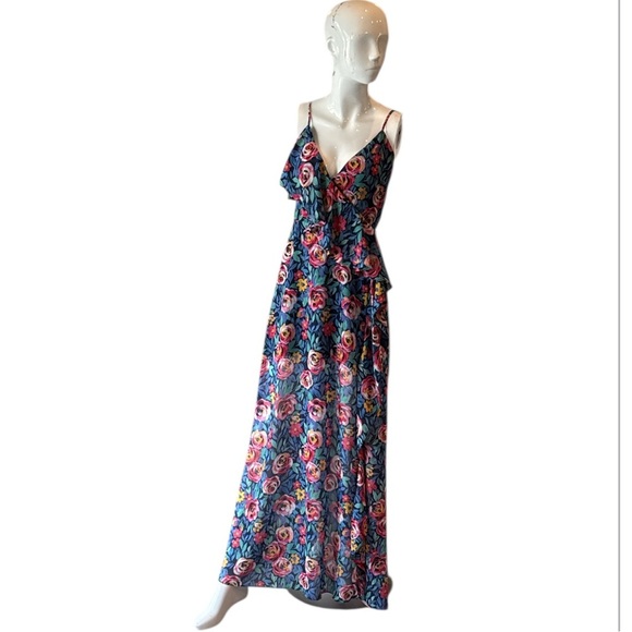 Lovers + Friends Darcy Rose Garden Blue Multi Floral Maxi Dress with Slit Size S - Picture 2 of 13